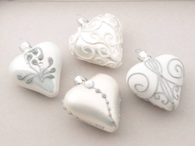 12 Blown Glass Pearl White Heart Christmas Tree Ornaments Handmade in Czech - image 1