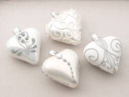 12 Blown Glass Pearl White Heart Christmas Tree Ornaments Handmade in Czech - thumbnail 1