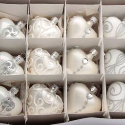 12 Blown Glass Pearl White Heart Christmas Tree Ornaments Handmade in Czech - thumbnail 2