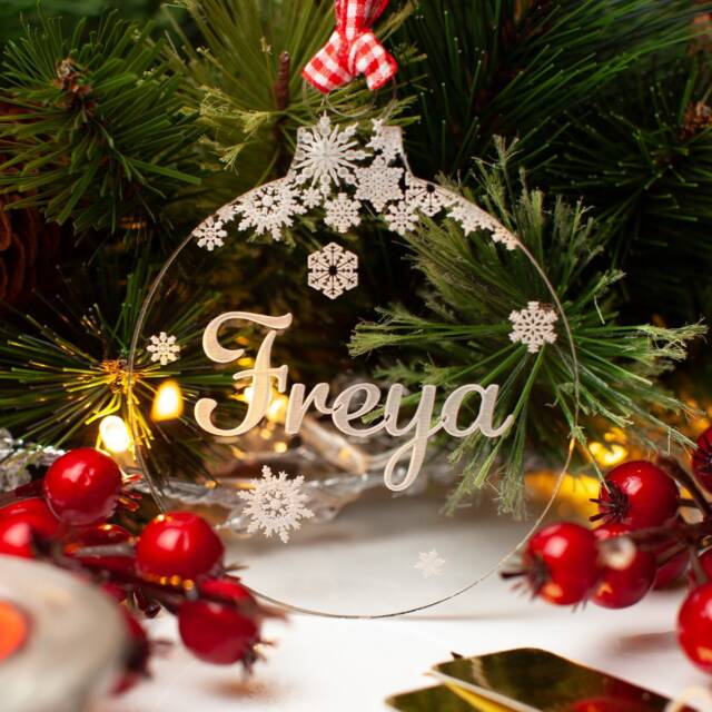 Personalised Clear Acrylic Christmas Ornament/ Bauble, Engraved With Name & Snowflakes - image 1