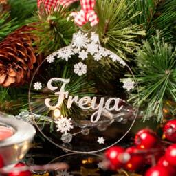 Personalised Clear Acrylic Christmas Ornament/ Bauble, Engraved With Name & Snowflakes - thumbnail 2