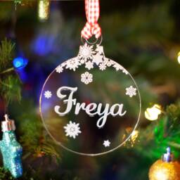 Personalised Clear Acrylic Christmas Ornament/ Bauble, Engraved With Name & Snowflakes - thumbnail 3
