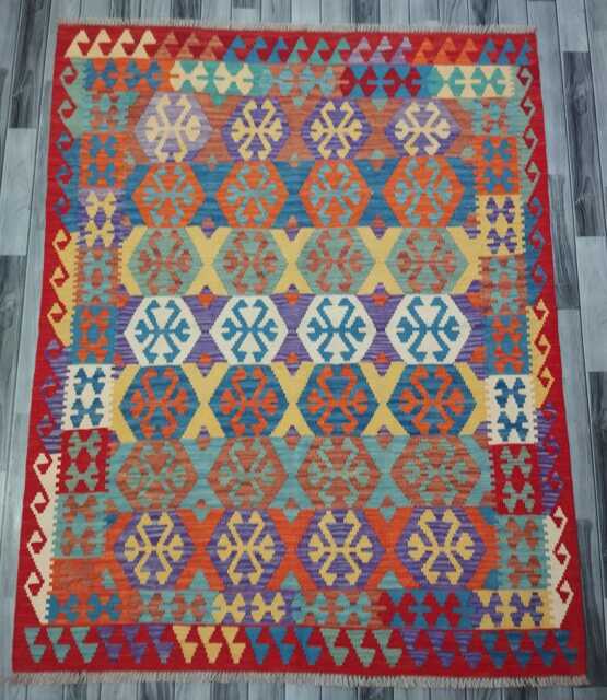Tribal Kilim Rug, Handmade Artisan Afghan Turkish, Scandinavian, Navajo, Bohemian Flatweave, Natural Wool Multicolour Rug 195x156 cm - image 1