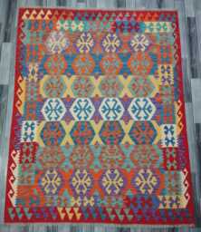 Tribal Kilim Rug, Handmade Artisan Afghan Turkish, Scandinavian, Navajo, Bohemian Flatweave, Natural Wool Multicolour Rug 195x156 cm - thumbnail 1