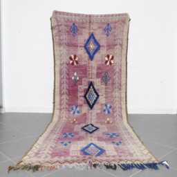 Vintage Berber Wool Runner Rug 12x4.4 Ft Pink & Blue Geometric Carpet - thumbnail 1