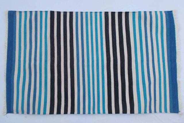 Multiple Sizes Cotton Stripes Handmade Blue & Black Rug - Beautiful Bilue Colour - image 1
