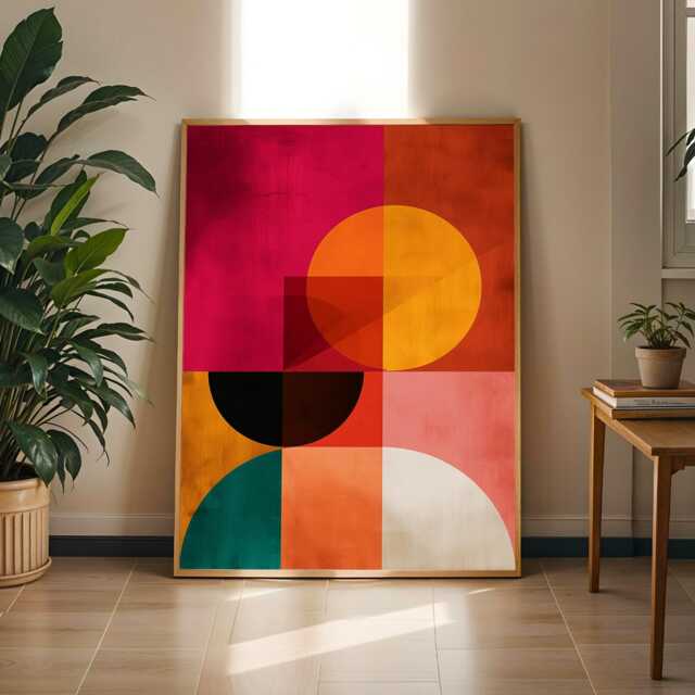 Abstract Wall Art Print - Geometric, Red, Orange, Teal Palette - Poster Only - image 1