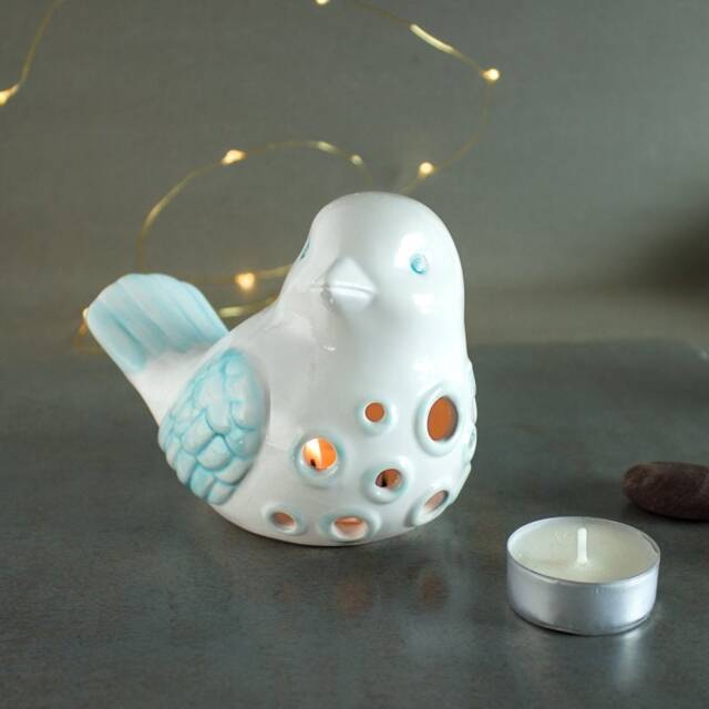White Mint Ceramic Bird Lantern, Candle Holder, Luminary, Votive Spring Home Decor - image 1