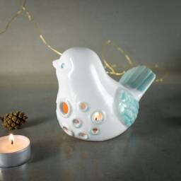 White Mint Ceramic Bird Lantern, Candle Holder, Luminary, Votive Spring Home Decor - thumbnail 2