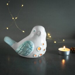 White Mint Ceramic Bird Lantern, Candle Holder, Luminary, Votive Spring Home Decor - thumbnail 3