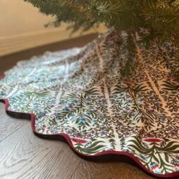 Christmas Scalloped Piping Green Tree Skirt, Printed Tree Striped Tartan Skirt - thumbnail 1
