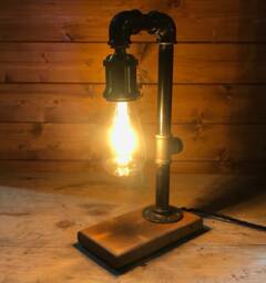 Industrial Table Lamp, Bedside Solid Oak Base, Upcycled Steampunk, Retro, Edison Bulb, Mancave Complete With Bulb & Switch