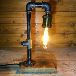 Industrial Table Lamp, Bedside Solid Oak Base, Upcycled Steampunk, Retro, Edison Bulb, Mancave Complete With Bulb & Switch - thumbnail 2