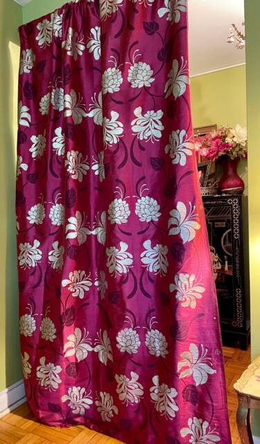 Custom Made Drapery Panels, Roman Shades, Prestigious Modern Floral Design, Magenta, Purple & Silver Silk Fabric, By Jane Hall Design - image 1