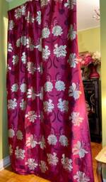 Custom Made Drapery Panels, Roman Shades, Prestigious Modern Floral Design, Magenta, Purple & Silver Silk Fabric, By Jane Hall Design