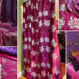 Custom Made Drapery Panels, Roman Shades, Prestigious Modern Floral Design, Magenta, Purple & Silver Silk Fabric, By Jane Hall Design - thumbnail 2