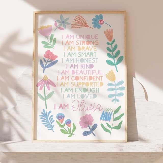 Girls Personalised Affirmation Print, Bedroom Decor, Floral, Pastel Colours, Rainbow Wall Art, Positive Prints, Nursery Decor - image 1