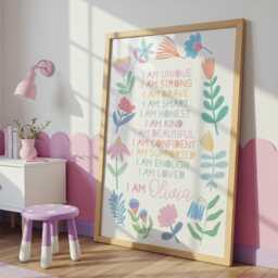 Girls Personalised Affirmation Print, Bedroom Decor, Floral, Pastel Colours, Rainbow Wall Art, Positive Prints, Nursery Decor - thumbnail 3