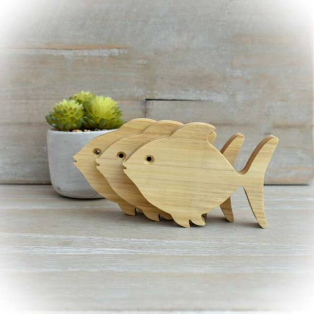 Set Of Three Wooden Fish - Handmade Hardwood Scroll Saw Figurines Rustic Shelf D??cor - image 1
