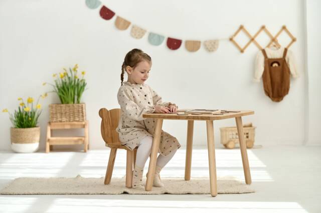 Custom Name Chairs & Table Set, Waldorf Kids Play Chair, Classroom Desk Nursery Furniture, Cute Bear Chair Back - image 1