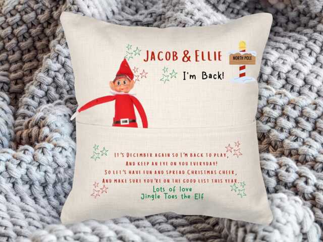 Elf Arrival Cushion, Personalised Christmas Arrival, Return, Welcome Back Elf, First Time Childrens Cushion - image 1