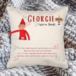 Elf Arrival Cushion, Personalised Christmas Arrival, Return, Welcome Back Elf, First Time Childrens Cushion - thumbnail 2