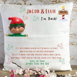 Elf Arrival Cushion, Personalised Christmas Arrival, Return, Welcome Back Elf, First Time Childrens Cushion - thumbnail 3