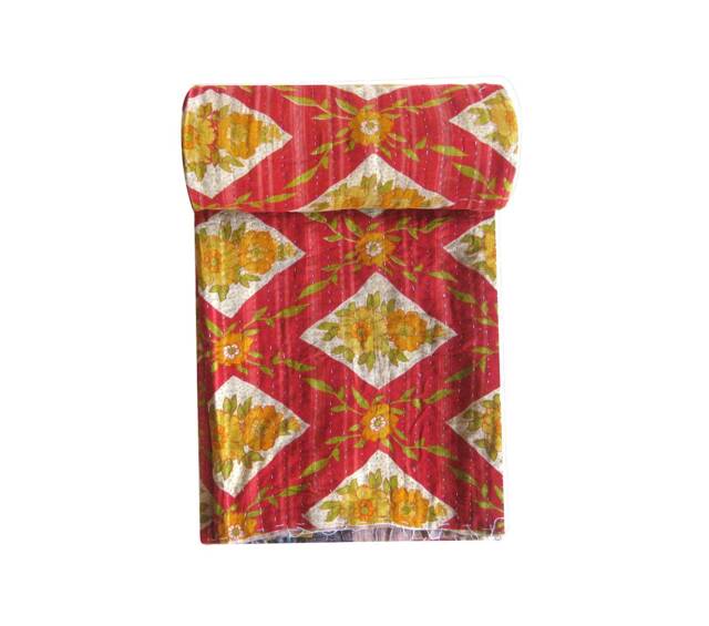 Indian Handmade Kantha Quilt, Vinatge Sari Patchwork Throw, Twin Size Stitched Blanket - image 1