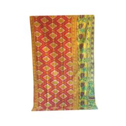 Indian Handmade Kantha Quilt, Vinatge Sari Patchwork Throw, Twin Size Stitched Blanket - thumbnail 3