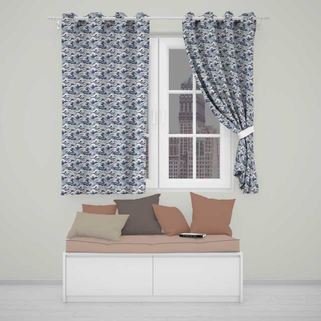 Classic Blue Japanese Ocean Waves Seamless Pattern Readymade Eyelet Ring Top Thermal 100% Blackout Curtains - image 1