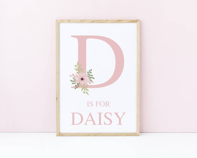 Floral Name Print, Flower Nursery Prints Personalised Girl Bedroom, Decor Baby Dusky Pink Wall Art - image 1