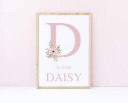 Floral Name Print, Flower Nursery Prints Personalised Girl Bedroom, Decor Baby Dusky Pink Wall Art - thumbnail 1