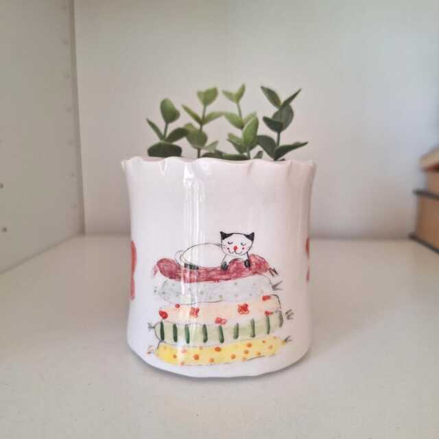 Handmade Asymetric Ceramic Cat Planter Illustrated Pottery Plant Pot - image 1