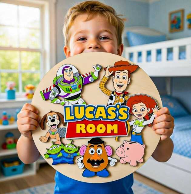 Personalized Toy Story Room Sign, Custom Pixar Kids Name Wood Wall Art, Woody Buzz Jessie Nursery Decor, Sign - image 1