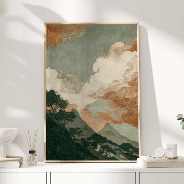 Vintage Mountain Landscape Print, Japandi Wall Art, Teal Sky & Terracotta Clouds, Wabi Sabi Scenic Poster - image 1