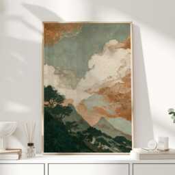 Vintage Mountain Landscape Print, Japandi Wall Art, Teal Sky & Terracotta Clouds, Wabi Sabi Scenic Poster - thumbnail 1