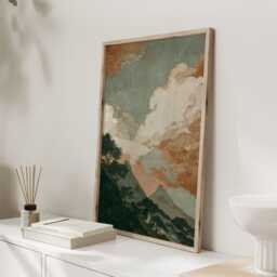 Vintage Mountain Landscape Print, Japandi Wall Art, Teal Sky & Terracotta Clouds, Wabi Sabi Scenic Poster - thumbnail 3