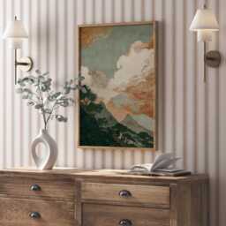 Vintage Mountain Landscape Print, Japandi Wall Art, Teal Sky & Terracotta Clouds, Wabi Sabi Scenic Poster - thumbnail 2