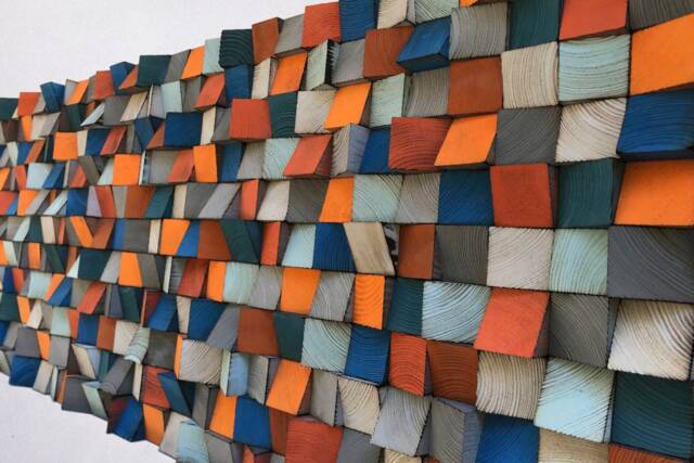 Reclaimed Wood Mosaic Wall Art - Orange, Blue, Gray - image 1