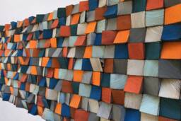 Reclaimed Wood Mosaic Wall Art - Orange, Blue, Gray