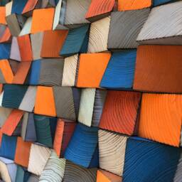 Reclaimed Wood Mosaic Wall Art - Orange, Blue, Gray - thumbnail 3