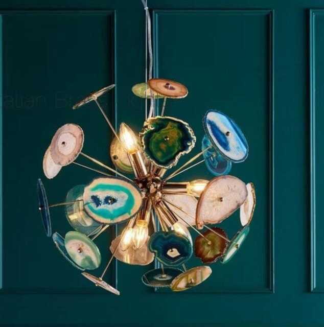1950's Brass Green Agate Sputnik Chandelier & Vintage Urchin Lamp - Italian Stilnovo Starburst Lighting - image 1