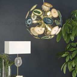 1950's Brass Green Agate Sputnik Chandelier & Vintage Urchin Lamp - Italian Stilnovo Starburst Lighting - thumbnail 3