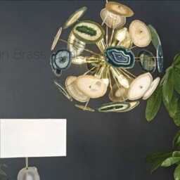 1950's Brass Green Agate Sputnik Chandelier & Vintage Urchin Lamp - Italian Stilnovo Starburst Lighting - thumbnail 2