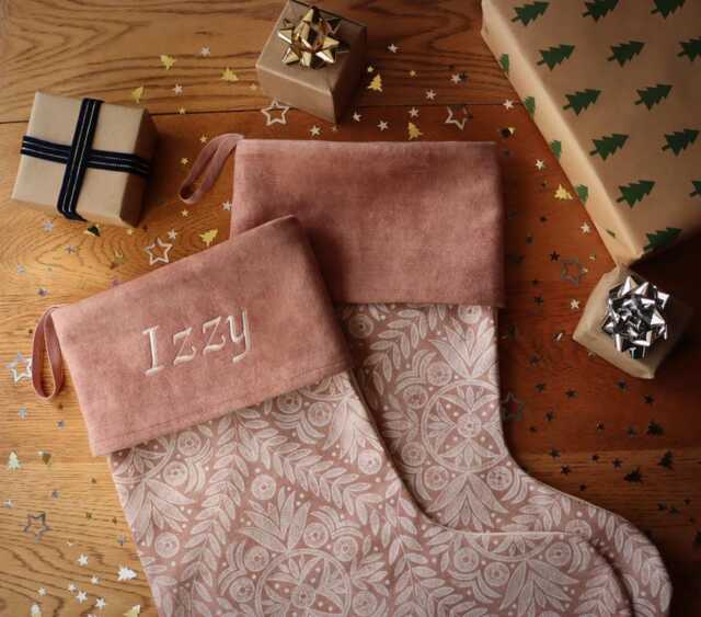 Pink Pattern Christmas Stocking Embroidered Velvet, Custom Name, Made in UK - image 1