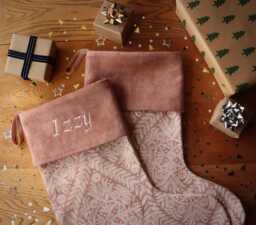 Pink Pattern Christmas Stocking Embroidered Velvet, Custom Name, Made in UK
