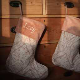 Pink Pattern Christmas Stocking Embroidered Velvet, Custom Name, Made in UK - thumbnail 2