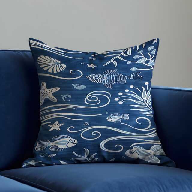 Nautical Ocean Theme Cushion, Blue Sea Life Throw Pillow Cover, Fish, Shells & Waves, Coastal Decor For Beach House Or Lover Gift - image 1