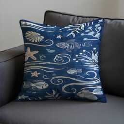 Nautical Ocean Theme Cushion, Blue Sea Life Throw Pillow Cover, Fish, Shells & Waves, Coastal Decor For Beach House Or Lover Gift - thumbnail 2