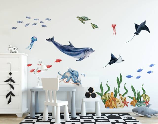 Kids Wall Decal Cute Undersea Animals Peel & Stick Whale Sticker - image 1
